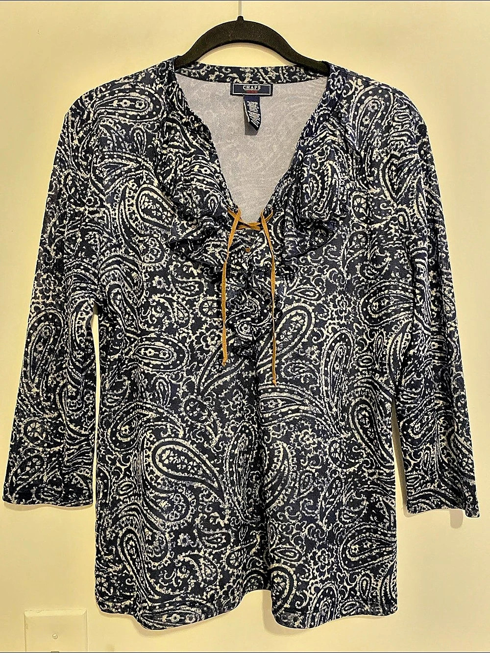 Chaps Blue Ruffle Neck Lace Up Paisley Blouse Tunic Blue & Cream XL